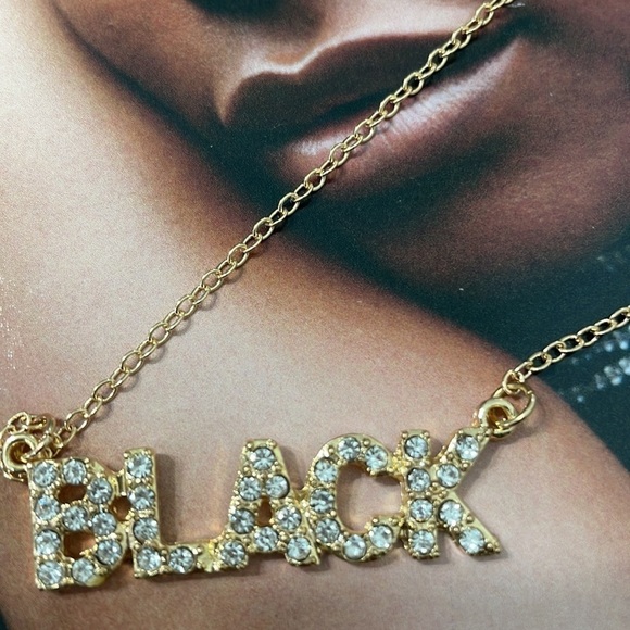 “Black” Word Rhinestone Gold Necklace - Picture 11 of 12